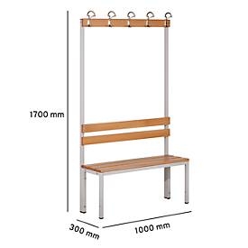Sitzbank für Umkleideräume mit Rückwand und Hakenleiste L 1000 mm