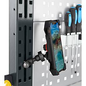Smartphonehalter für AST31 Tischaufbau, für 1 Smartphone bis 7,25“, Klemmbereich verstellbar, drehbar, neigbar, Kunststoff/Aluminium, schwarz