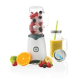 Smoothie Maker, 320 W, 2 Krüge mit jeweils 600 ml, mit Deckel & Strohhalmen, weiß-grau