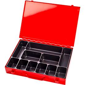 Sortimentskoffer ADB, leer, 11-fache Einteilung, abschließbar, mit Griff, B 330 x T 230 x H 50 mm, Stahl & ABS-Kunststoff, verkehrsrot RAL 3020