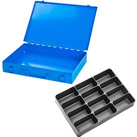 Sortimentskoffer ADB, leer, 12-fache Einteilung, abschließbar, mit Griff, B 330 x T 230 x H 50 mm, Stahl & ABS-Kunststoff, lichtblau RAL 5012