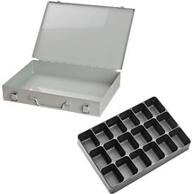 Sortimentskoffer ADB, leer, 18-fache Einteilung, abschließbar, mit Griff, B 330 x T 230 x H 50 mm, Stahl & ABS-Kunststoff, lichtgrau RAL 7035