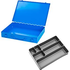 Sortimentskoffer ADB, leer, 6-fache Einteilung, abschließbar, mit Griff, B 330 x T 230 x H 50 mm, Stahl & ABS-Kunststoff, lichtblau RAL 5012