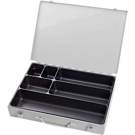 Sortimentskoffer ADB, leer, 6-fache Einteilung, abschließbar, mit Griff, B 330 x T 230 x H 50 mm, Stahl & ABS-Kunststoff, lichtgrau RAL 7035