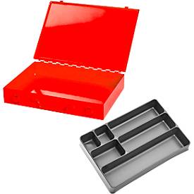 Sortimentskoffer ADB, leer, 6-fache Einteilung, abschließbar, mit Griff, B 330 x T 230 x H 50 mm, Stahl & ABS-Kunststoff, verkehrsrot RAL 3020