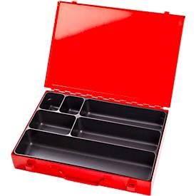 Sortimentskoffer ADB, leer, 6-fache Einteilung, abschließbar, mit Griff, B 330 x T 230 x H 50 mm, Stahl & ABS-Kunststoff, verkehrsrot RAL 3020