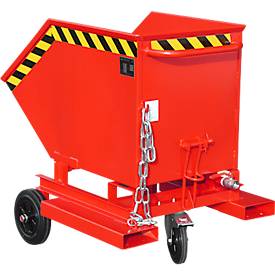 Späne-Kippbehälter Bauer SKW-ET 250, Stahl, rot, B 1115 x T 820 x H 990 mm, 250 l, bis 300 kg, Rollen, manuelles Kippen, mit Einfahrttaschen