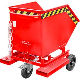 Späne-Kippbehälter Bauer SKW-ET 250, Stahl, rot, B 1115 x T 820 x H 990 mm, 250 l, bis 300 kg, Rollen, manuelles Kippen, mit Einfahrttaschen