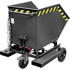 Späne-Kippbehälter Bauer SKW-ET 250, Stahl, schwarz, B 1115 x T 820 x H 1090 mm, 250 l, bis 300 kg, Rollen, manuelles Kippen, mit Einfahrttaschen