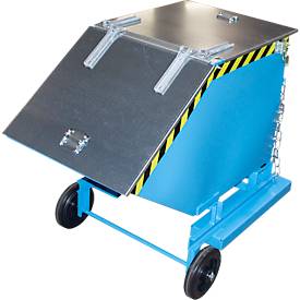 Späne-Kippbehälter Bauer SKW-ET 400, Stahl, blau, B 1320 x T 900 x H 1090 mm, 400 l, bis 300 kg, Rollen, manuelles Kippen, mit Einfahrttaschen