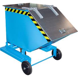 Späne-Kippbehälter Bauer SKW-ET 400, Stahl, blau, B 1320 x T 900 x H 1090 mm, 400 l, bis 300 kg, Rollen, manuelles Kippen, mit Einfahrttaschen