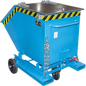 Späne-Kippbehälter Bauer SKW-ET 400, Stahl, blau, B 1320 x T 900 x H 1090 mm, 400 l, bis 300 kg, Rollen, manuelles Kippen, mit Einfahrttaschen