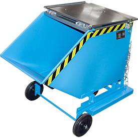 Späne-Kippbehälter Bauer SKW-ET 400, Stahl, blau, B 1320 x T 900 x H 1090 mm, 400 l, bis 300 kg, Rollen, manuelles Kippen, mit Einfahrttaschen
