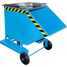 Späne-Kippbehälter Bauer SKW-ET 400, Stahl, blau, B 1320 x T 900 x H 1090 mm, 400 l, bis 300 kg, Rollen, manuelles Kippen, mit Einfahrttaschen