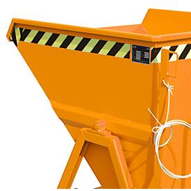 Späne-Kippmulde Bauer SKS 400, Stahl, orange, B 1220 x T 1050 x H 1115 mm, 400 l, bis 1000 kg, Rollen, Ablasshahn, Manuelle Kippvorrichtung