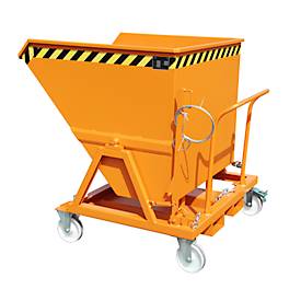 Späne-Kippmulde Bauer SKS 700, Stahl, orange, B 1345 x T 1200 x H 1275 mm, 700 l, bis 1000 kg, Rollen, Ablasshahn, Manuelle Kippvorrichtung