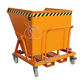 Späne-Kippmulde Bauer SKS 700, Stahl, orange, B 1345 x T 1200 x H 1275 mm, 700 l, bis 1000 kg, Rollen, Ablasshahn, Manuelle Kippvorrichtung