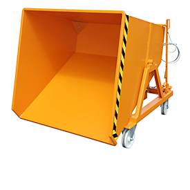 Späne-Kippmulde Bauer SKS 700, Stahl, orange, B 1345 x T 1200 x H 1275 mm, 700 l, bis 1000 kg, Rollen, Ablasshahn, Manuelle Kippvorrichtung