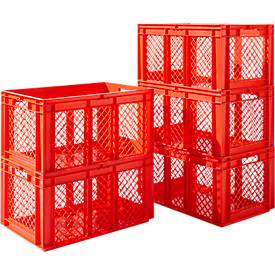 Sparset 5-teilig Euro Box Serie EF 6321, PP, Inhalt 63,7 l, bis 20 kg, durchbrochene Wände, Durchfassgriff, rot