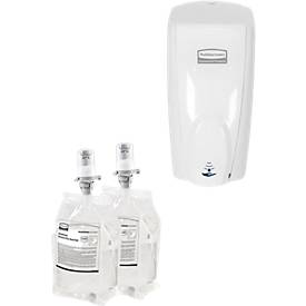 Sparset Automatischer Seifen- und Desinfektionsspender Rubbermaid AutoFoam weiß + 2x Nachfüllbeutel Alkohol Plus, 1100 ml