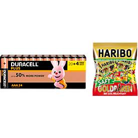Sparset DURACELL® Batterie Plus Power, AAA o. AA, 24 St. + Gratis Haribo