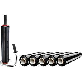 Sparset Handabroller für Stretchfolie + 6 Rollen Stretchfolie, Abroller für Rollen mit B 300-500 mm, Stretchfolie L 300 m x B 500 mm, PE, schwarz