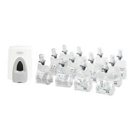 Sparset Spender für Toilettensitzreiniger Rubbermaid®, weiß-grau + 12 x Toilettensitz Schaumreiniger RVU9503 Nachfüllkartuschen, jeweils 400 ml