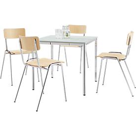 Sparset Stapelstühle, Buchenholz, Sitzmaße B 452 x T 500 x H 803 mm, 4 Stück + Konferenztisch, lichtgrau, B 800 x T 800 x H 720 mm