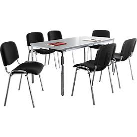 Sparset Stapelstuhl ISO Basic, 4-Fußgestell, stapelbar bis 12 Stück, Bezug schwarz, 6 Stück + Konferenztisch für bis zu 6 Personen, B 1600 x T 800 x H 720 mm