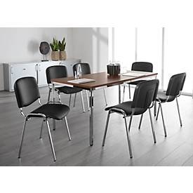 Sparset Stapelstuhl ISO Swing Basic, ohne Armlehnen, Kunstleder schwarz, Sitzmaße B 475 x T 415 x H 470 mm, 6 Stück + Tisch, Nussbaum-Dekor, B 1600 x T 800 mm