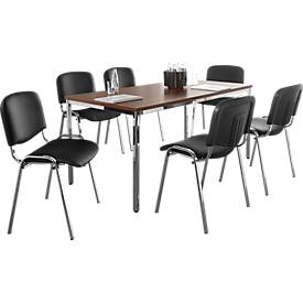 Sparset Stapelstuhl ISO Swing Basic, ohne Armlehnen, Kunstleder schwarz, Sitzmaße B 475 x T 415 x H 470 mm, 6 Stück + Tisch, Nussbaum-Dekor, B 1600 x T 800 mm