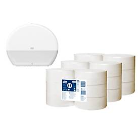 Sparset Tork® Jumbo Advanced Toilettenpapier 120272, 2-lagig, T1-kompatibel, 18 Rollen, weiß + Toilettenpapierspender Jumbo 554000, weiß