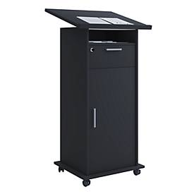 Staand bureau Melta, verrijdbaar, in hoogte verstelbaar/kantelbaar, 1 open vak, 1 afsluitbare lade, 2 vakken met deur, B 600 x D 500 x H 1090-1200 mm, hout, zwart