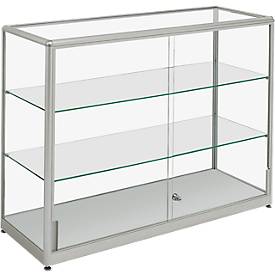 Staande vitrine BST, halfhoog, 3 vakken, afsluitbare schuifdeuren, B 1500 x D 400 x H 910 mm, aluminium/glas, zilver