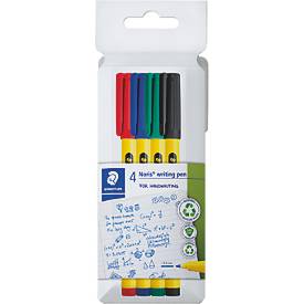 Staedtler Fineliner Noris, Rundspitze, Strichbreite 0,6 mm, Tinte auf Wasserbasis, Recycling-Kunststoff, farbsortiertes 4er-Set