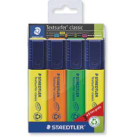 Staedtler Textmarker Textsurfer Classic, Keilspitze, Strichstärke 1-5 mm, nachfüllbar, mit Drehkappe, Recycling-Kunststoff, farbsortiertes 4er-Set 