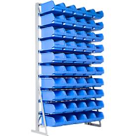 Ständerregal, 1-seitig bestückbar, 10 Reihen, inkl. 50 x Sichtlagerkästen SSI Schäfer Serie PROFI LF 321, B 1145 x T 400 x H 1950 mm, Stahl, grau