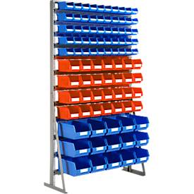 Ständerregal, 1-seitig bestückbar, 12 Reihen, inkl. 50 x Sichtlagerkästen LF 211/28 x LF 221/15 x LF 321, B 1145 x T 400 x H 1950 mm, Stahl, grau