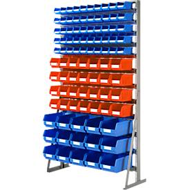 Ständerregal, 1-seitig bestückbar, 12 Reihen, inkl. 50 x Sichtlagerkästen SSI Schäfer Serie PROFI LF 211/28 x PROFI LF 221/15 x PROFI LF 321, B 1145 x T 400 x H 1950 mm, Stahl, grau