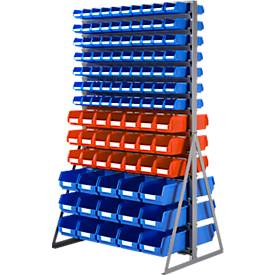 Ständerregal, 2-seitig bestückbar, 13 Reihen, inkl. 100 x Sichtlagerkästen LF 211/56 x LF 221/30 x LF 321, B 1145 x T 800 x H 1950 mm, Stahl, grau