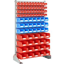 Ständerregal einseitig, B 1130 x T 500 x H 1885 mm, 40 x 0,7 l, rot + 21 x 3 l, blau + 20 x 7,5 l, rot