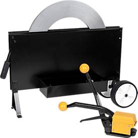 Stahlband-Umreifungsset, 1 x hülsenloses Umreifungsgerät SL 200/1, 1 x Stahlband-Spezialspule und 1 x fahrbarer Stahlband-Abrollständer