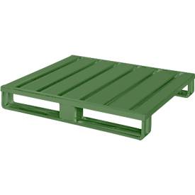 Stahlflachpalette, bis 1500 kg, geschlossenes Oberdeck, 2 Stahlkufen, L 1000 x B 800 x H 130 mm, Stahl, Resedagrün RAL 6011
