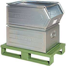 Stahlflachpalette, bis 1500 kg, geschlossenes Oberdeck, 2 Stahlkufen, L 800 x B 500 x H 130 mm, Stahl, Resedagrün RAL 6011