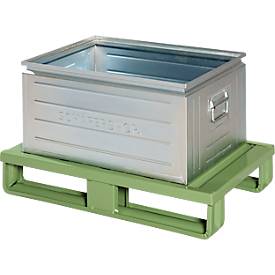 Stahlflachpalette, bis 1500 kg, geschlossenes Oberdeck, 2 Stahlkufen, L 800 x B 500 x H 130 mm, Stahl, Resedagrün RAL 6011