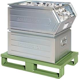 Stahlflachpalette, bis 1500 kg, geschlossenes Oberdeck, 2 Stahlkufen, L 800 x B 500 x H 130 mm, Stahl, Resedagrün RAL 6011