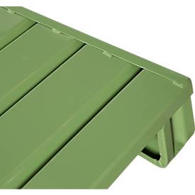 Stahlflachpalette, bis 1500 kg, geschlossenes Oberdeck, 2 Stahlkufen, L 800 x B 500 x H 130 mm, Stahl, Resedagrün RAL 6011