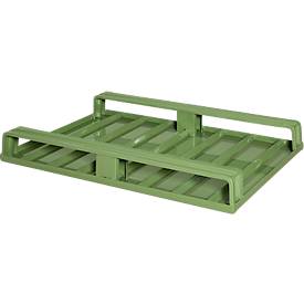 Stahlflachpalette, Euro-Maß, bis 1500 kg, geschlossenes Oberdeck, 2 Stahlkufen, L 1200 x B 800 x H 130 mm, Stahl, Resedagrün RAL 6011
