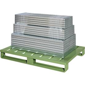 Stahlflachpalette, Euro-Maß, bis 1500 kg, geschlossenes Oberdeck, 2 Stahlkufen, L 1200 x B 800 x H 130 mm, Stahl, Resedagrün RAL 6011