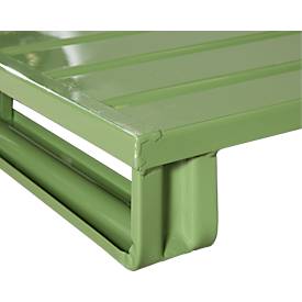 Stahlflachpalette, Euro-Maß, bis 1500 kg, geschlossenes Oberdeck, 2 Stahlkufen, L 1200 x B 800 x H 130 mm, Stahl, Resedagrün RAL 6011